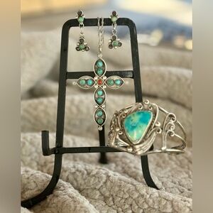 Sterling Silver Turquoise Cross Set Necklace Earrings Cuff